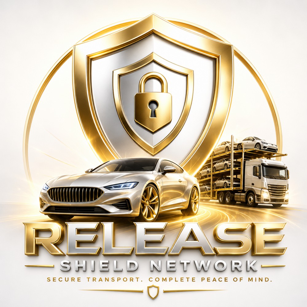 Release Shield Network shield, vehicle, and secure lock logo